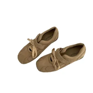 Khaki suede Mary Jane flat shoes for women with lace-up and strap, stylish casual footwear.