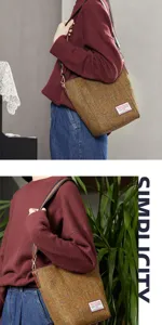 Detailopname met de getextureerde Harris Tweed stof en lederen band van de schoudertas.