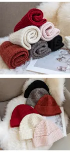Korean style grid elastic knit beanie winter warm couple fashion solid color hat detail view