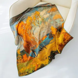 Exquisite silk scarf detail featuring vibrant oil painting art print for women elegant styling.