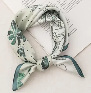 Green mulberry silk square scarf with elegant botanical floral print for women fashion.