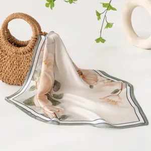 Elegant silk square scarf with floral print, versatile small neckerchief for women.