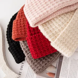 Korean style grid elastic knit wool winter beanie hat couple warm casual solid color chic cap