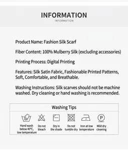 Detailed specification showing 100% mulberry silk material, digital printing and wash care.