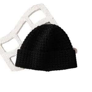 Black knit beanie hat for winter, stylish wool winter cap, cozy couple casual warm knitted cap