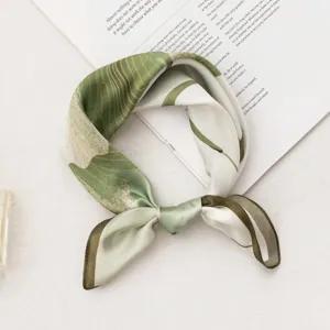 Green botanical print mulberry silk square scarf, elegant neckerchief for women daily wear.