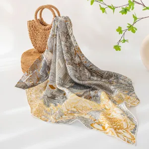 Elegant mulberry silk scarf for women, premium tropical print square scarf for daily wear.