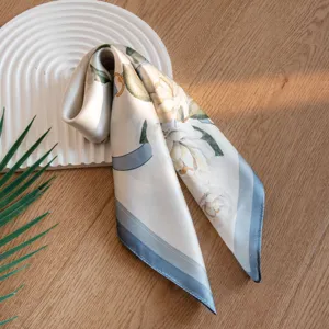 Silk scarf for women, elegant floral printed square neckerchief, stylish silk fashion accessory