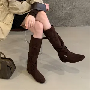 Vintage brown suede slouch boots with buckle straps, comfortable high cowboy boots detail