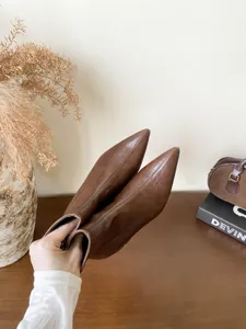 Bottines marron à bout pointu en vue détaillée, bottes élégantes en cuir à texture fine.