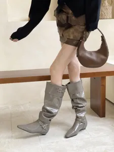 Botas altas elegantes de mujer puntera cuadrada tacón bajo moda otoño invierno zapatos chic