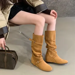 Retro suede slouchy boots with cross buckle, comfortable western cowboy high boots.