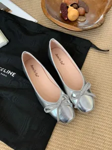 Silver square toe flat ballet shoes for women with cute bow, comfortable soft casual footwear.
