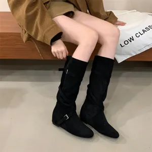 Women black suede slouch boots with buckle straps, retro vintage high knee riding boots.