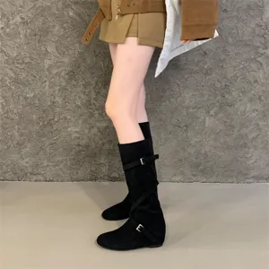 Black suede slouchy boots with cross belt buckles, retro western tall boots for women.