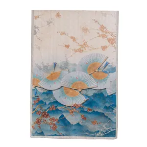 Elegant blue silk scarf featuring traditional folding fan and plum blossom print for women.