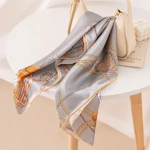 Luxury 100% mulberry silk square scarf for women, elegant chain and lock pattern neckerchief.