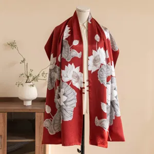 Red silk lotus scarf, double layer buckled long shawl, elegant Chinese style accessory for women.
