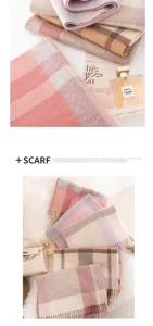 Detailed view of the soft wool plaid scarf, showcasing cozy texture and elegant drape.