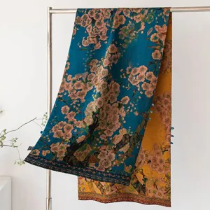 Élégante écharpe en soie lourde double face avec motif floral, châle de luxe style chinois.