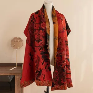 Châle écharpe en soie double couche style chinois avec boucle, élégant imprimé jacquard vintage.