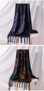 Luxurious Chinese style silk Xiangyunsha long scarf shawl with tassels and knot buttons.