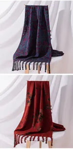 Luxury silk tassel long scarf, Chinese style shawl with frog buttons, elegant draped design.