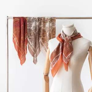 Classic paisley print square scarf, lightweight vintage brown neckerchief for women spring.
