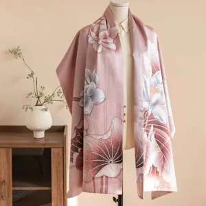 Chic Mulberry Silk Scarf Double Layer Buckle Long Shawl Traditional Chinese Style Floral Print Elegant Women Scarf Gift