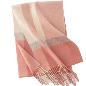 Cozy pink plaid winter wool scarf with fringe, soft warm fashion neckerchief shawl.