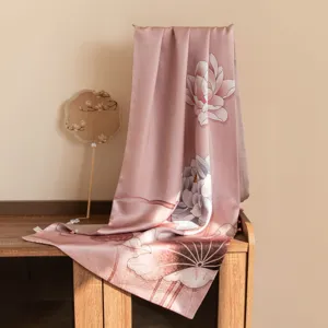 Elegant mulberry silk scarf with lotus pattern, traditional Chinese style long shawl for women.