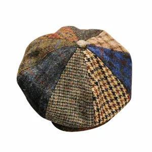 Patchwork tweed newsboy cap for women, vintage wool blend baker boy hat for autumn and winter.