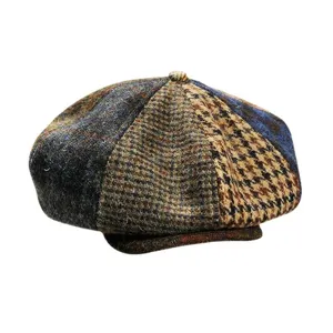 Women vintage patchwork tweed newsboy cap autumn winter warm octagonal beret hat stylish