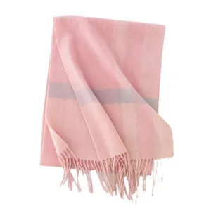 Pink classic plaid cashmere feel winter warm fringed scarf for women daily wear stylish.
