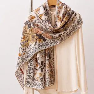 Women Silk Wool Long Scarf Double Sided Printed Floral Shawl Fashion Retro Lightweight Winter Warm Neck Scarf