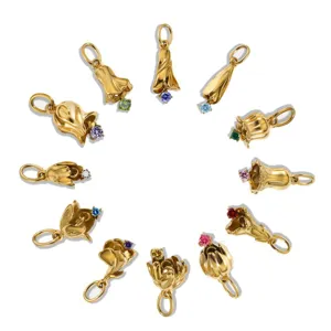 Vergoldete Edelstahl 12 Monate Geburtsblume Anhänger Charms mit bunten Zirkoniasteinen verziert.