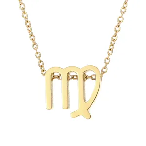 Collier pendentif signe astrologique Vierge doré, détail de bijoux en acier inoxydable.