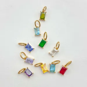 Colorful rectangular cubic zirconia pendants, gold plated metal, jewelry DIY crafting details.