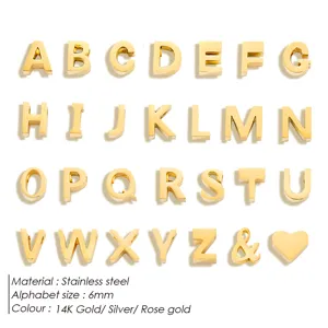 Pendentifs breloques de lettres en acier inoxydable DIY bijoux or argent or rose 6mm