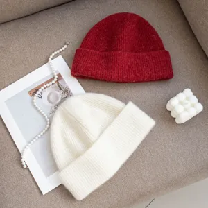 Cozy winter knit beanie hats for women and men, soft thick warm wool caps in red and white set.