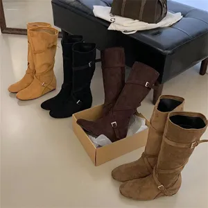 Vintage suede slouchy boots with cross belt buckle and mid-calf design for women daily wear.