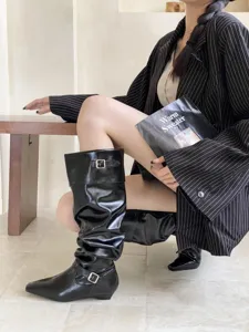 Botas largas de charol negro para mujer puntera cuadrada tacón bajo zapatos de moda