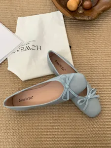 Light blue square toe flat ballet shoes with bow, comfortable soft bottom casual footwear.