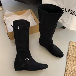 Women vintage black suede slouch boots with cross strap buckle and hidden wedge heel tall boots.