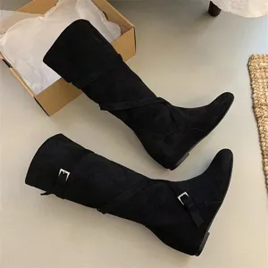 Women black suede tall boots vintage slouchy boots with cross straps and metal buckles.