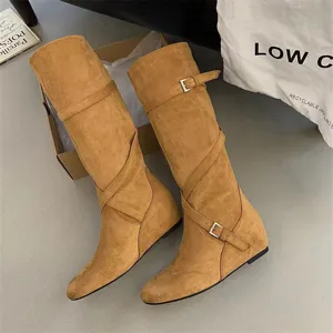 Retro suede wedge long boots with crossover straps and metal buckle details for women detail view