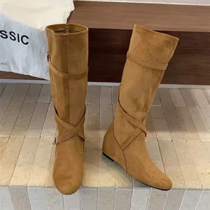 Retro suede knee high boots with cross straps and wedge heel, comfortable fashion long boots.