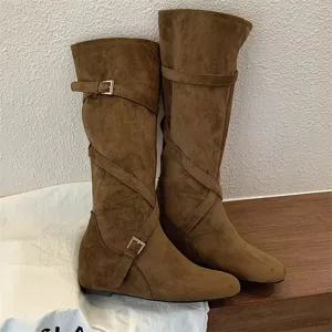 Vintage suede slouch boots with buckle straps and hidden wedge, comfortable knee high boots.