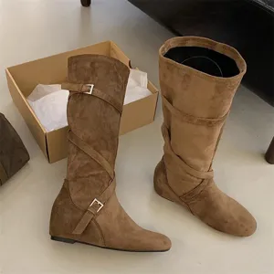 Retro brown suede slouchy boots with cross straps and buckles, comfortable high knee boots.