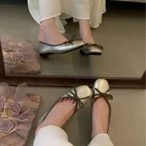 French square toe low cut bow flat ballet shoes versatile soft sole grandma shoes for women